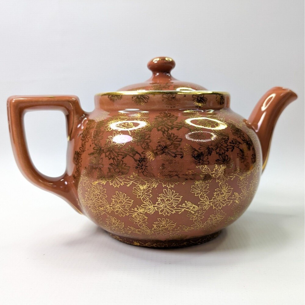 Vintage Hall China Teapot 6 Cup Boston Style Pink Rose Gilded Gold Filagree 48oz